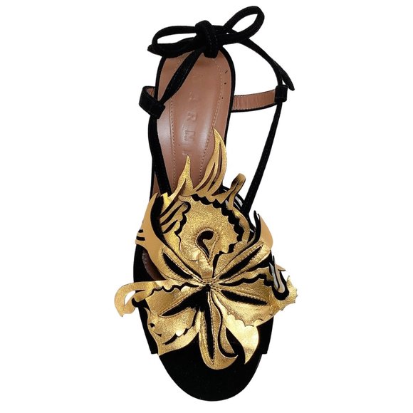 Marni Black Suede Tie Back Sandals with Gold Flower - Picture 4 of 6